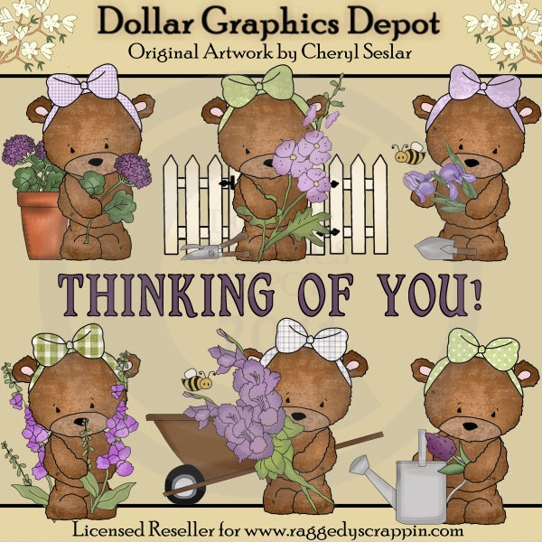 Bailey Bear Purple Flowers - Clip Art