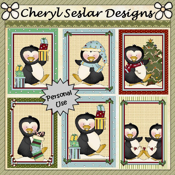 Christmas Penguins Card Fronts...Set of 6