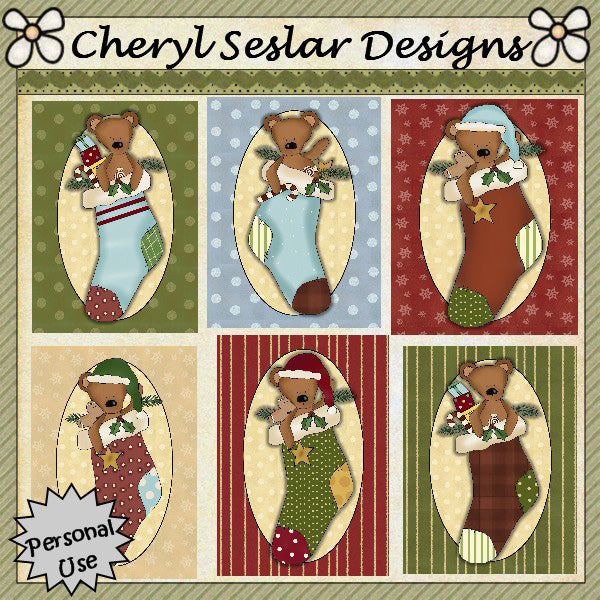 Fronti delle carte Prim Stocking Bears...Set di 6
