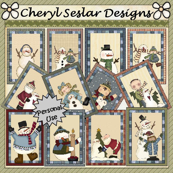 Fronti di carte primitivi pupazzi di neve... Set di 12