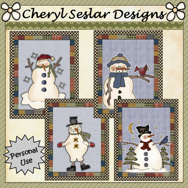 Fronti di carte trapuntate con pupazzo di neve... Set di 4