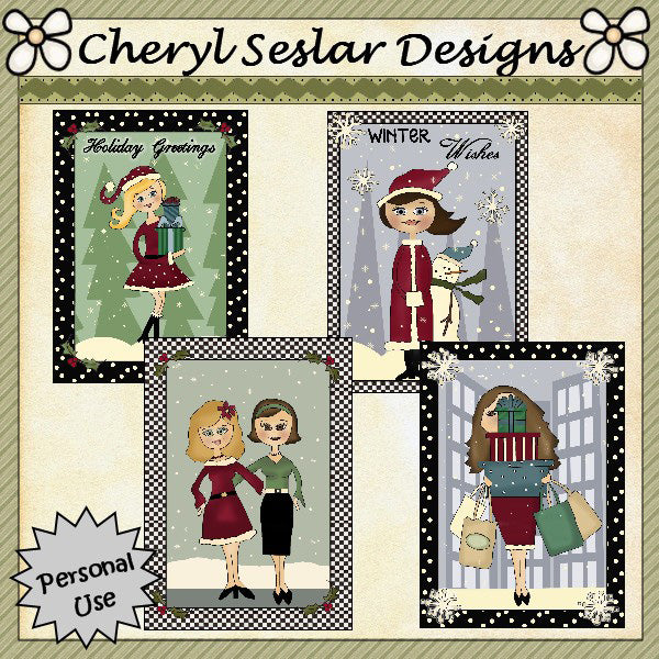 Trendy Girls Christmas Card Fronts...Set of 4