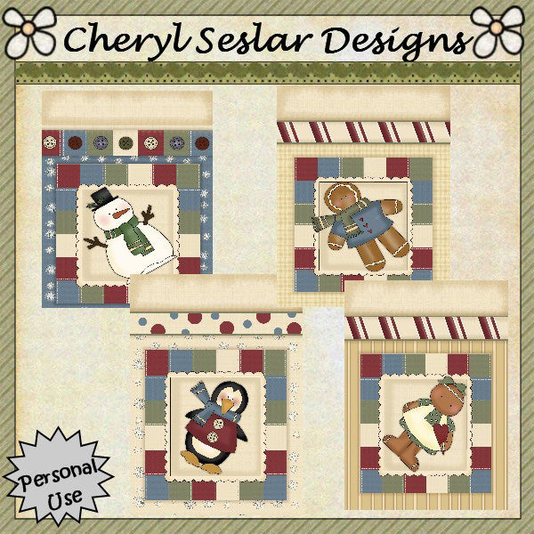 Whimsical Winter Card Fronts...Set of 4