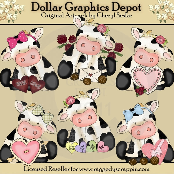 Cute Little Valentine Cows - Clip Art