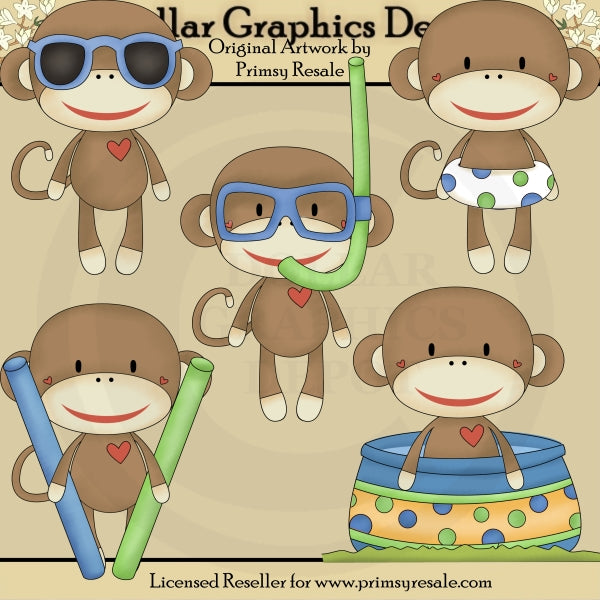 Pool Party Sock Monkeys - Boys - Clip Art