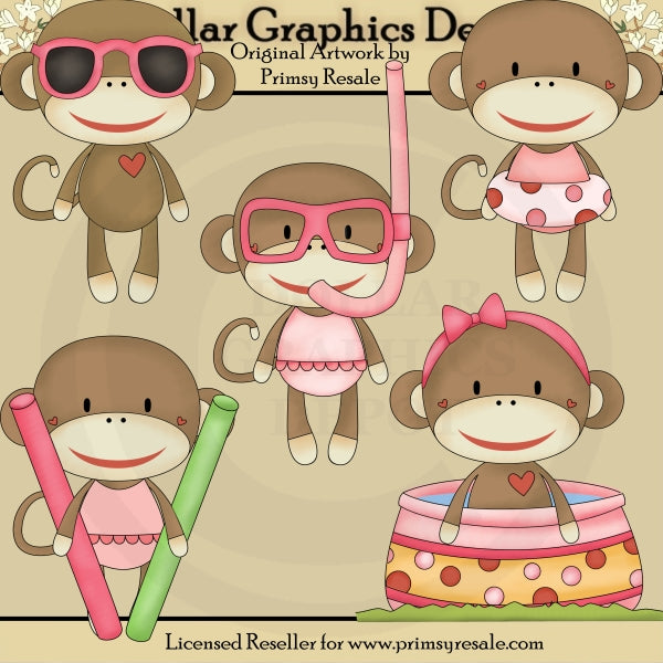 Pool Party Sock Monkeys - Girls - Clip Art