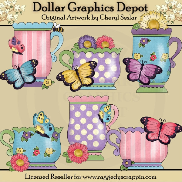 Belle tazze da tè a forma di farfalla - ClipArt