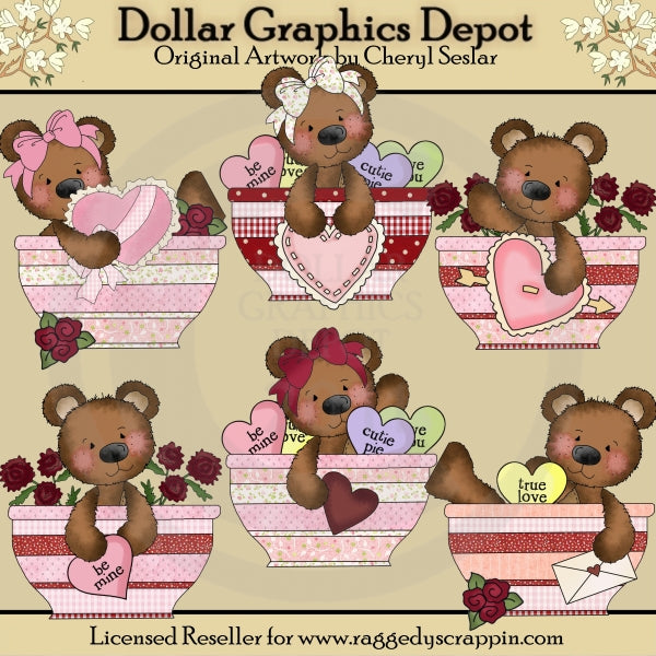 Raggedy Bears - Valentine Bowls - Clip Art