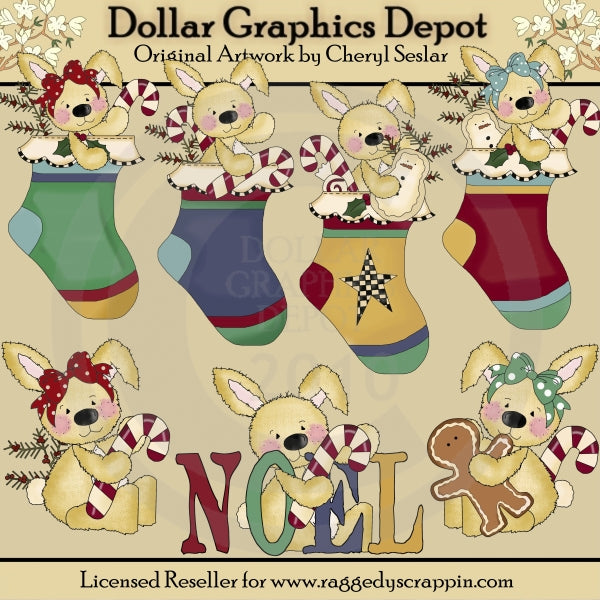 Conejitos Raggedy - Medias De Navidad - Clipart