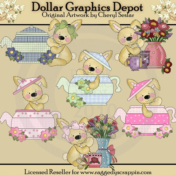 Raggedy Bunnies - Tea Time - Clip Art