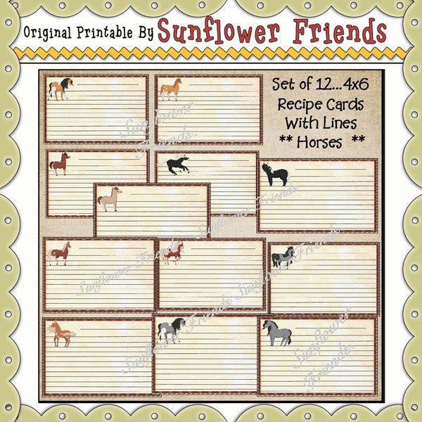 Horses ...Set of 12 Lined Recipe Cards