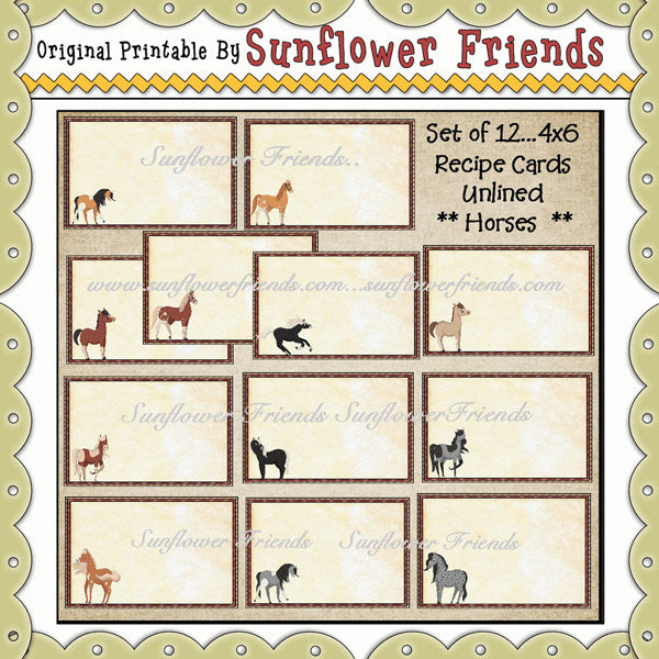 Horses ...Set of 12 UnLined Recipe Cards