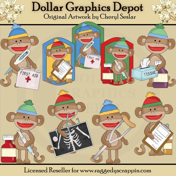 Silly Sock Monkeys - Get Well - Clip Art