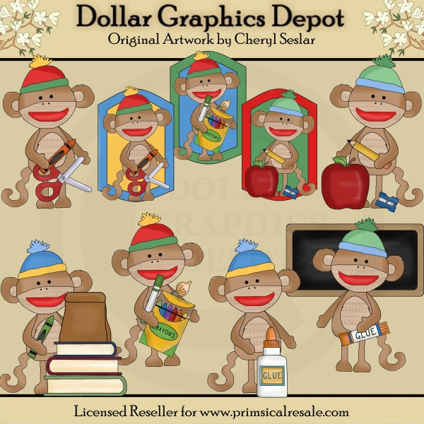 Silly Sock Monkeys - Go To School - Clip Art
