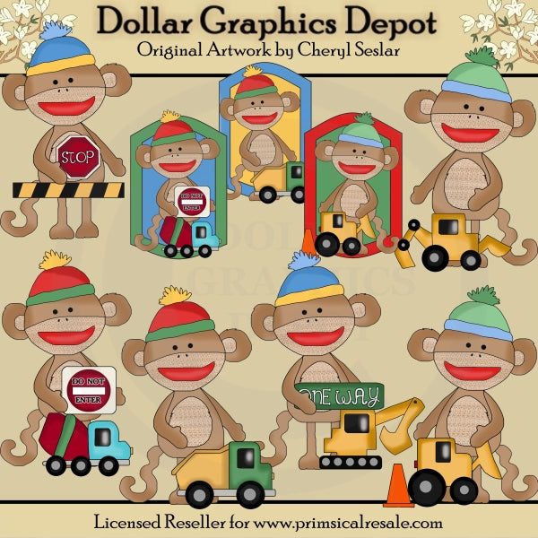 Silly Sock Monkeys - Love Trucks - Clip Art