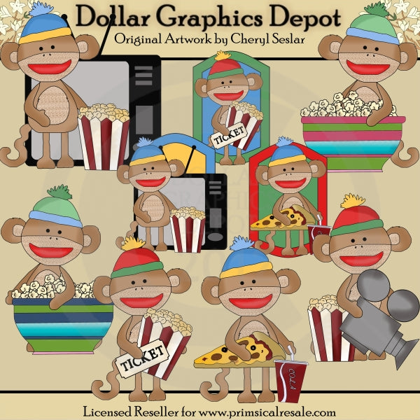 Silly Sock Monkeys - Movie Night - Clip Art