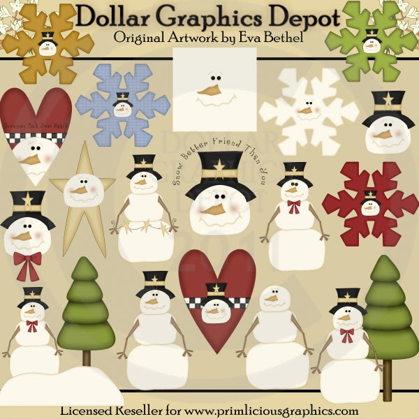 Muñecos de nieve y copos de nieve - Clipart