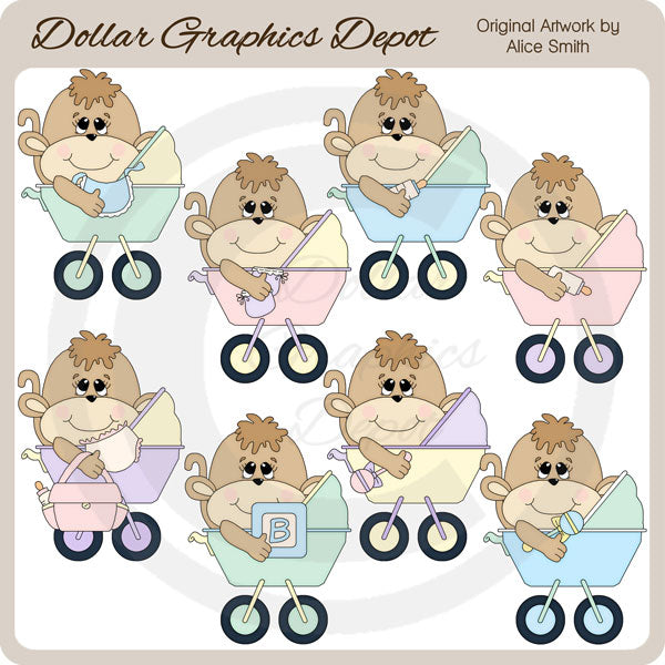 Baby Monkey Carriages - Clip Art