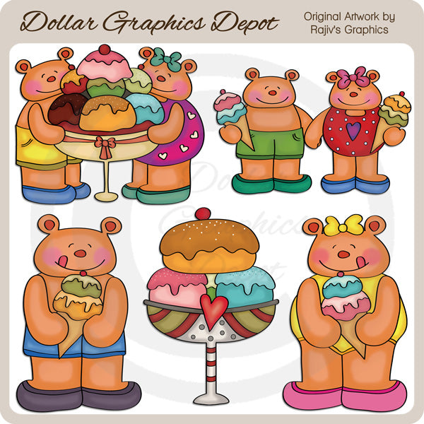Beach Bears and Ice Cream - Clip Art