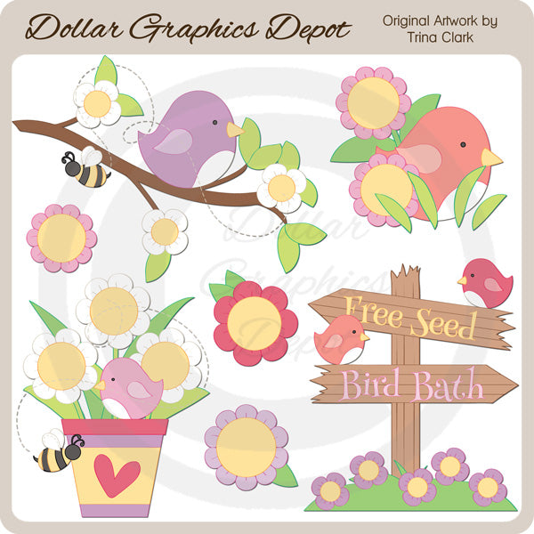 Pájaros y flores - Clipart