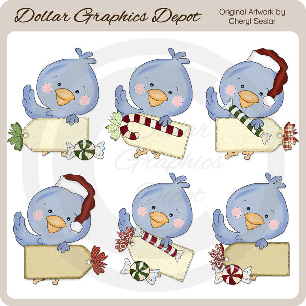 Blue Bird Christmas Tags - Clip Art