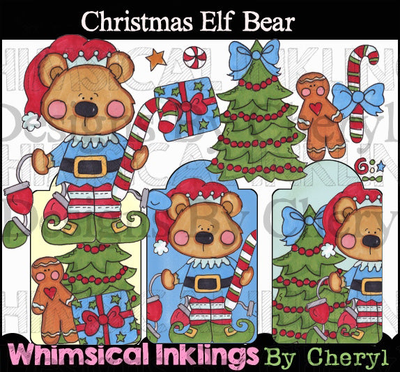 Oso elfo navideño... Colección gráfica coloreada a mano