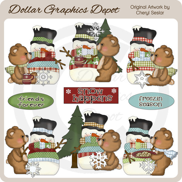 Muñecos de nieve campestres y cachorros peludos - Clipart