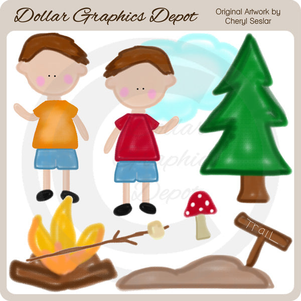 Crayon Kids - Camping Boys - Clip Art