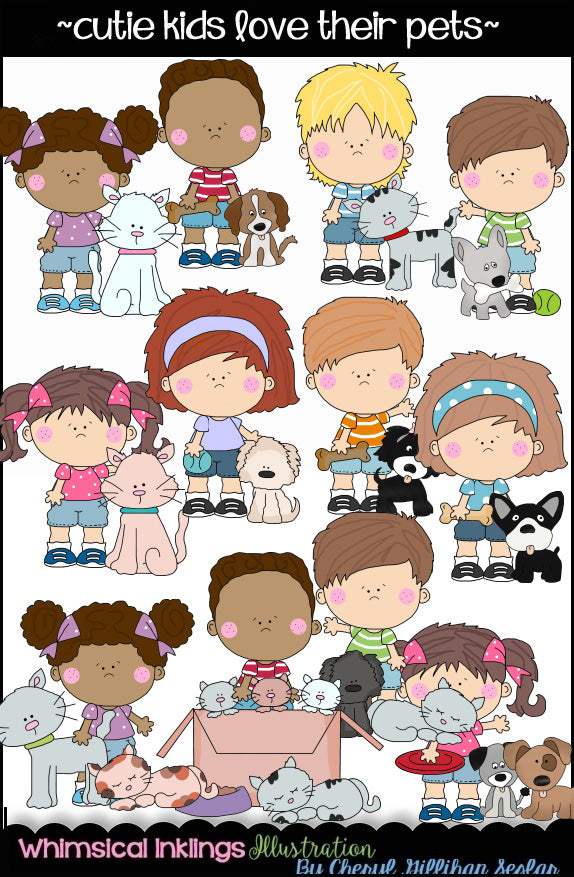Colección de imágenes prediseñadas de Cutie Kids aman a sus mascotas