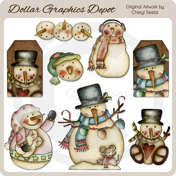 Muñecos de nieve de invierno pintados a mano - Clipart