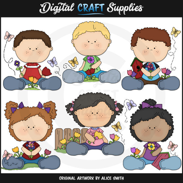 Bambini, farfalle e fiori - ClipArt
