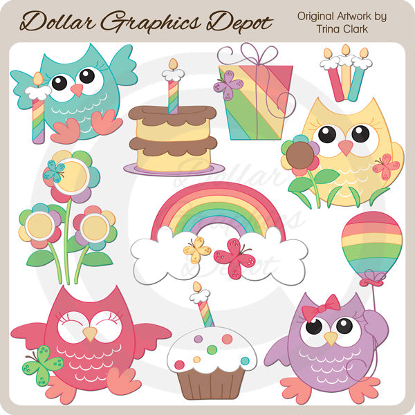 Gufi compleanno arcobaleno - ClipArt
