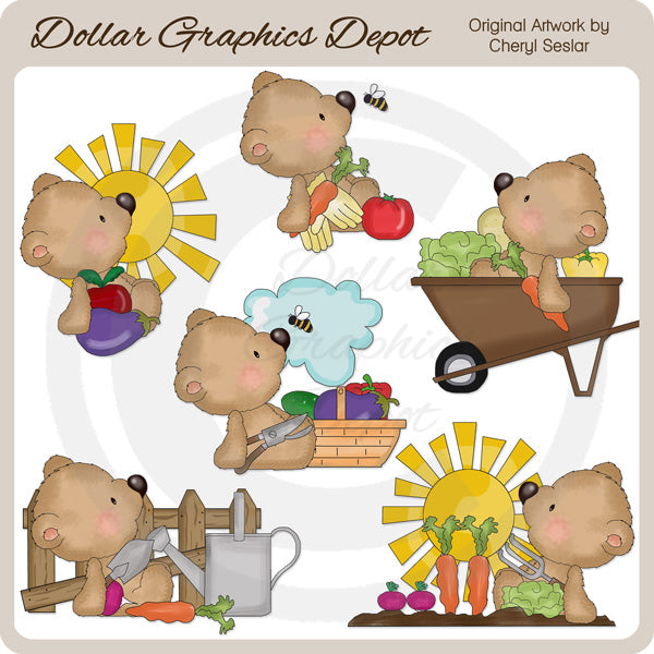 Sampson Bear Loves To Garden - Clip Art