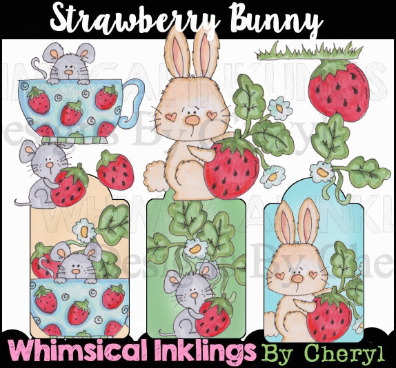Conejito de fresa... Conjunto gráfico coloreado a mano