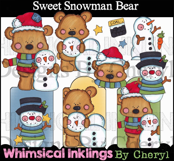 Dulces osos de muñeco de nieve... Gráficos coloreados a mano