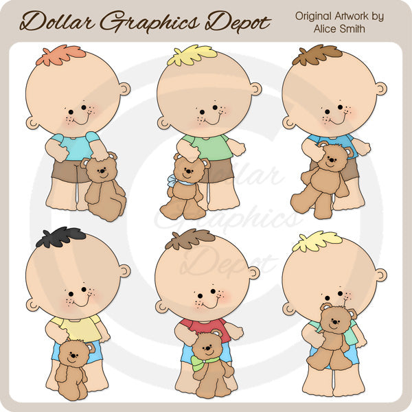 Niños pequeños y ositos de peluche - Clipart