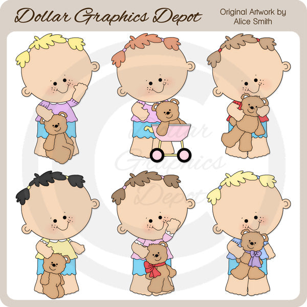 Niñas pequeñas y ositos de peluche - Clipart