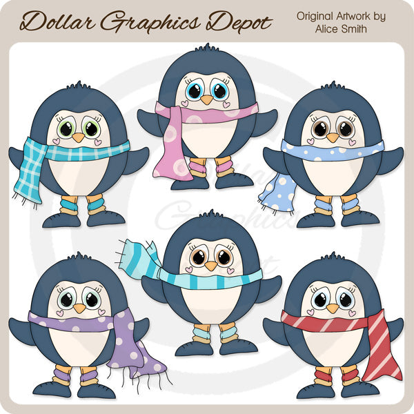 Pingüinos De Bufanda De Invierno - Clipart