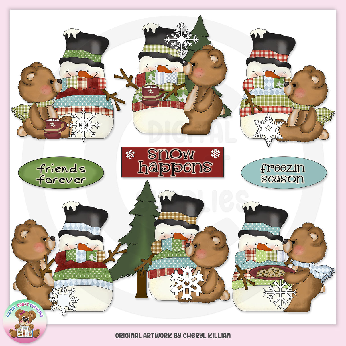 Country Snowmen and Fuzzy Cubs - Clip Art
