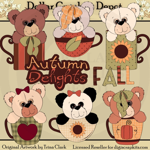 Autumn Bears and Cups - Clip Art