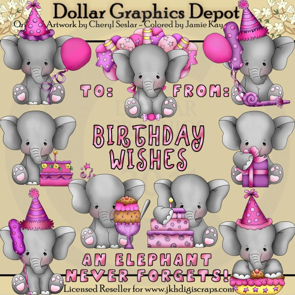 Baby Elephant - Birthday Girls - Clip Art