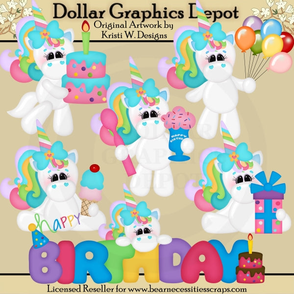 Unicornios de cumpleaños - Clipart - Exclusivo de DCS