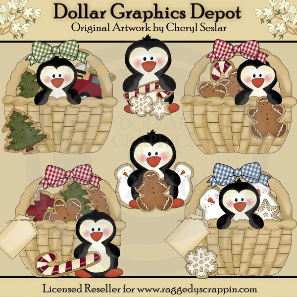 Christmas Basket Penguins - Clip Art