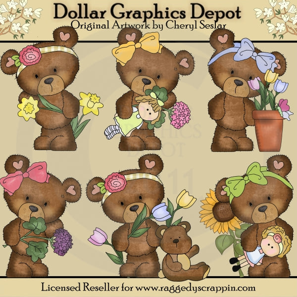 Cloey Bear Loves Flowers - Clip Art