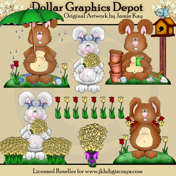 Country Bunnies Love Tulips - Clip Art