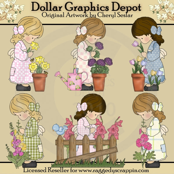 Country Girls - Spring Flowers - Clip Art