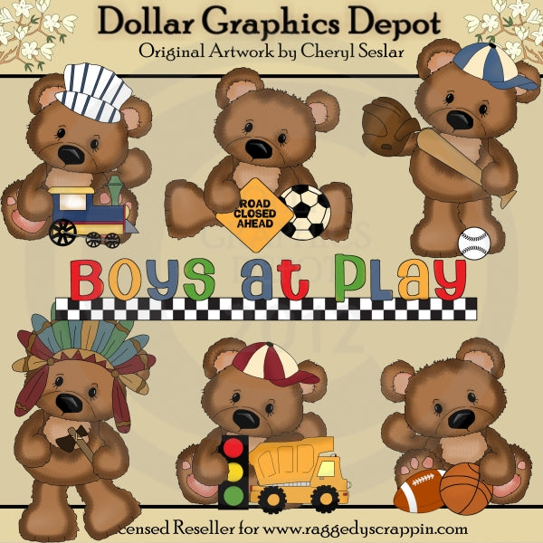 Cuddle Bears - Boys at Play - Clip Art