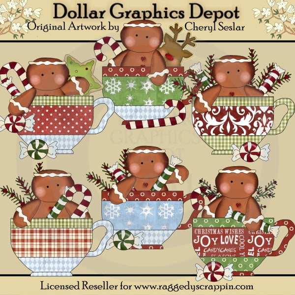 Gingerbread Christmas Teacups - Clip Art