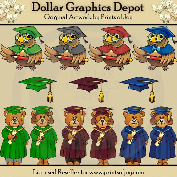 Osos y búhos de graduación - Clipart