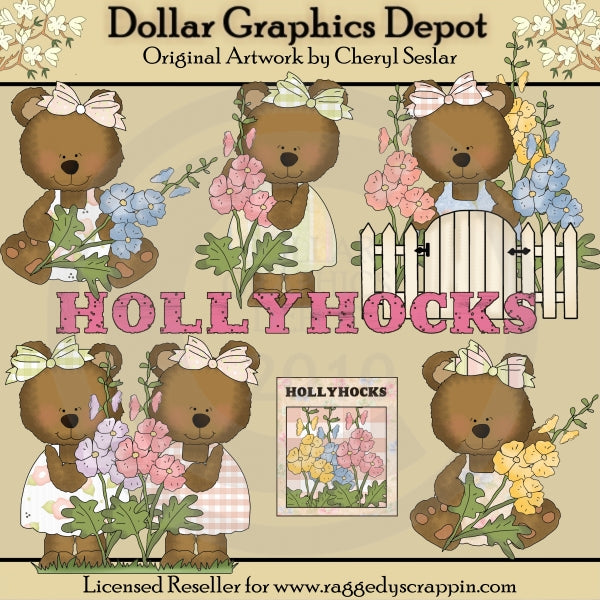 Hollyhock Bears - Clip Art - DCS Exclusive